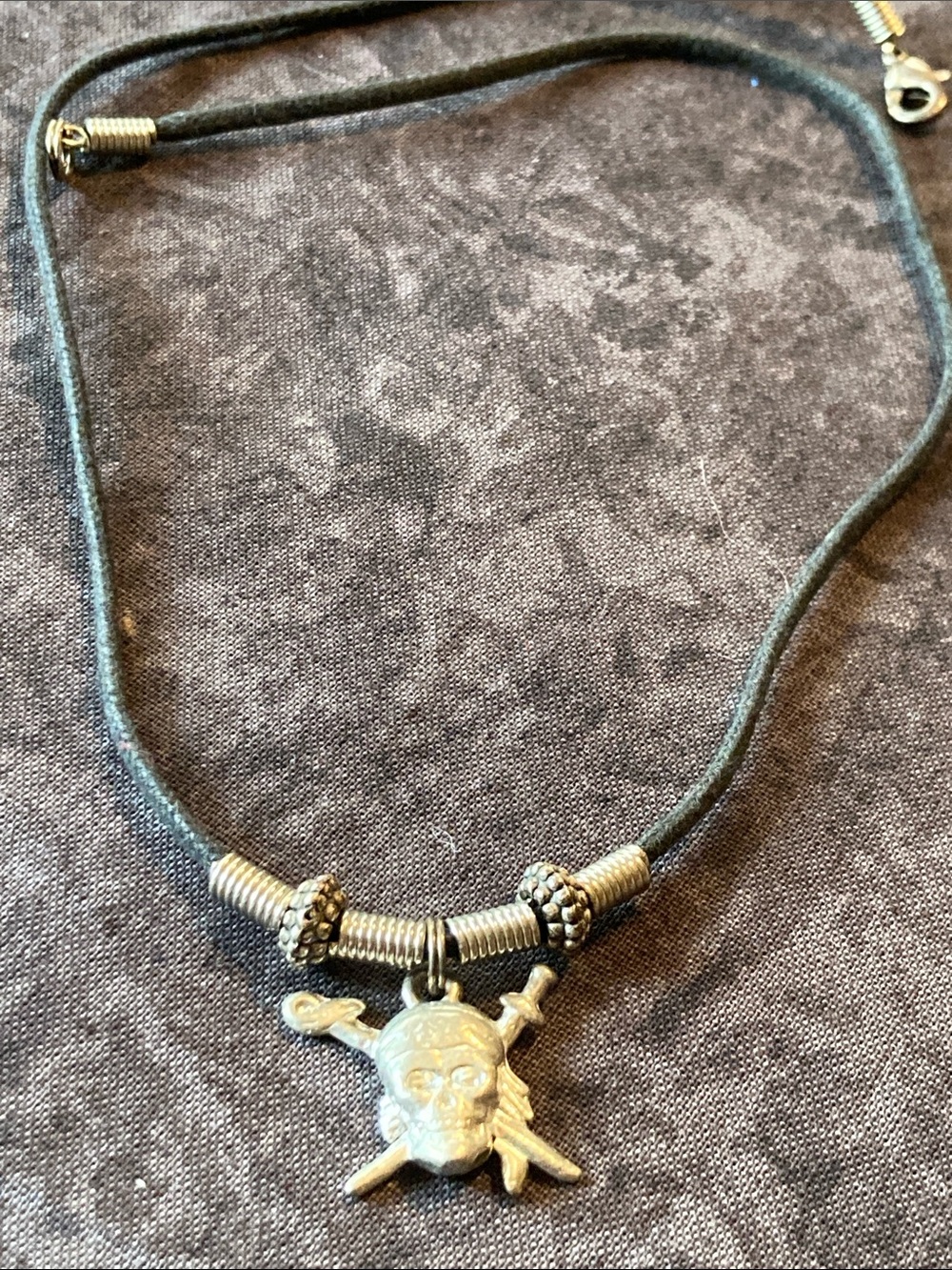 Skull & Crossbones Pendant Corded Necklace - Black & Silver Tone